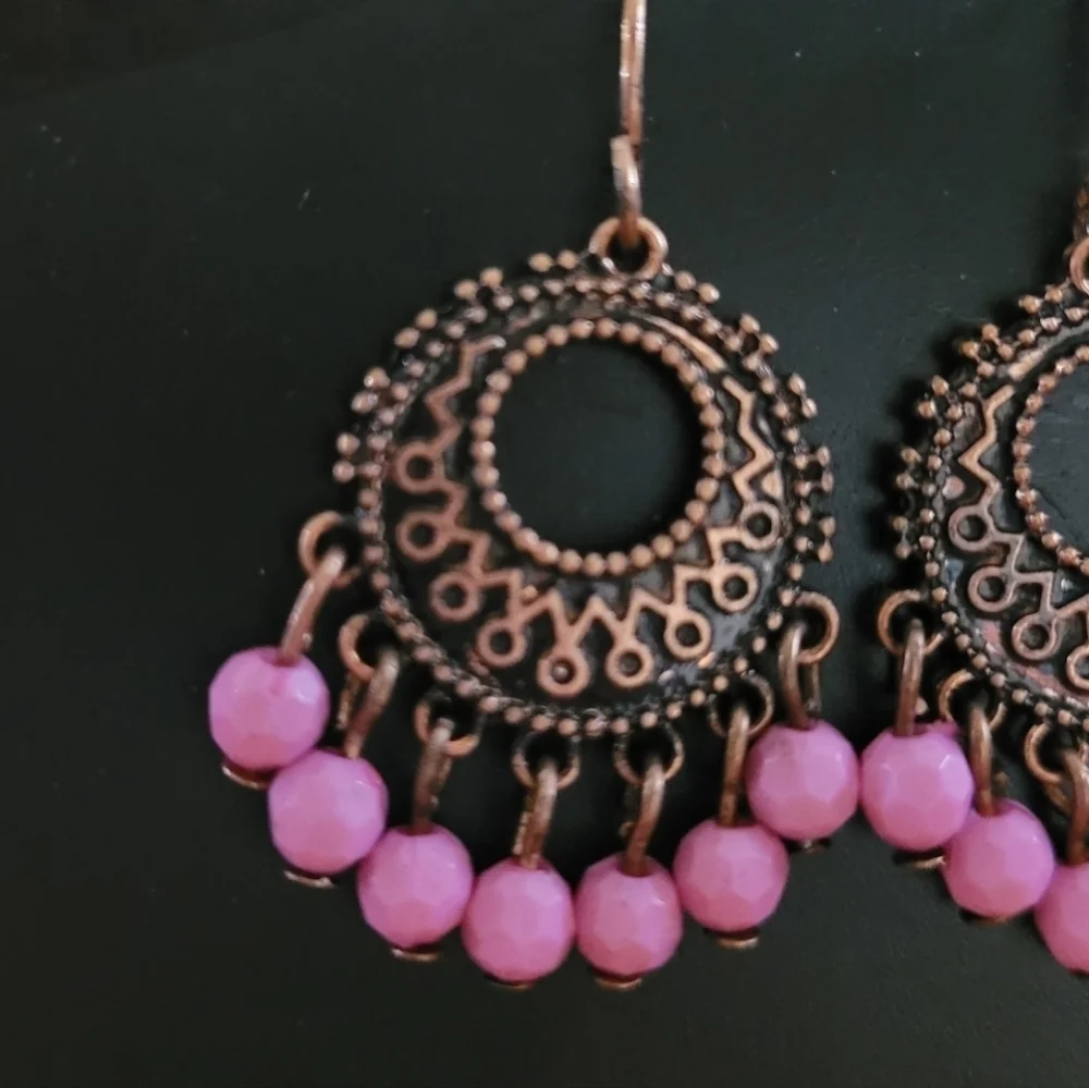 Vintage Pink Beaded Copper Filigree Chandelier Earrings‎